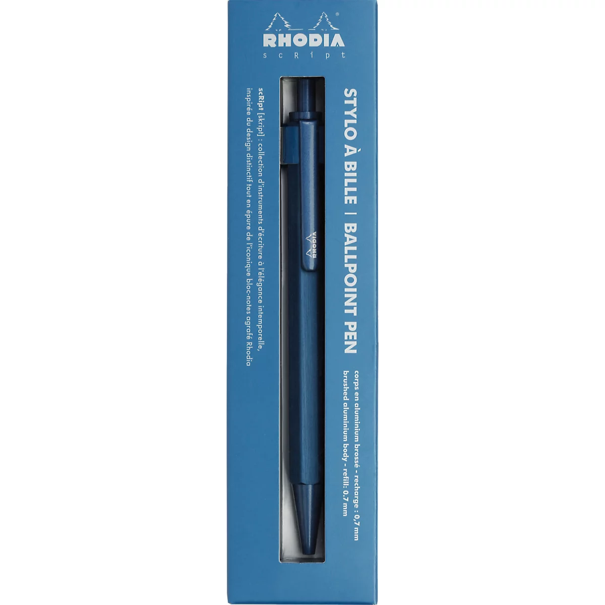 Stylo à bille Rhodia scRipt, corps en aluminium, mécanisme à poussoir, épaisseur de trait 0,7 mm, rechargeable, bleu marine