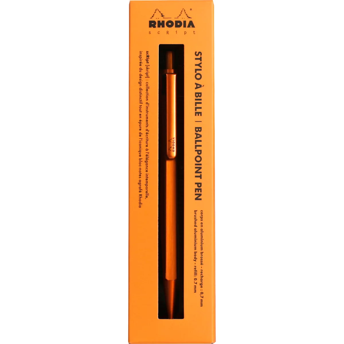 Stylo à bille Rhodia scRipt, corps en aluminium, mécanisme à poussoir, épaisseur de trait 0,7 mm, rechargeable, orange