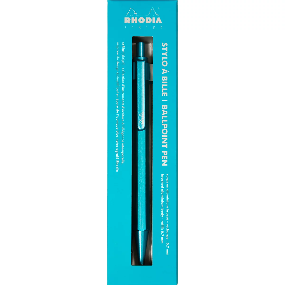 Stylo à bille Rhodia scRipt, corps en aluminium, mécanisme à poussoir, largeur de trait 0,7 mm, rechargeable, turquoise