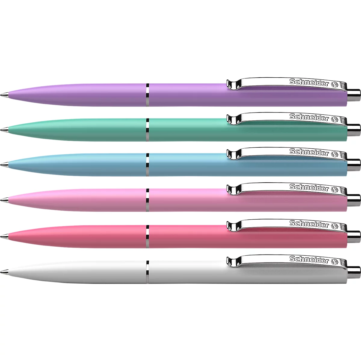 Six stylos à bille de couleur pastel, chacun avec un capuchon argenté et l'inscription Schneider.
