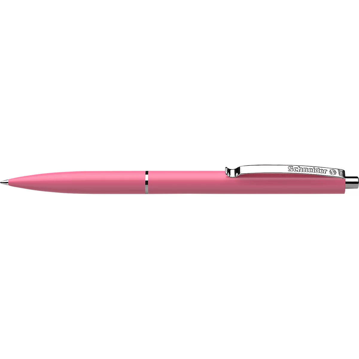 Un stylo à bille rose avec un clip argenté et une inscription.
