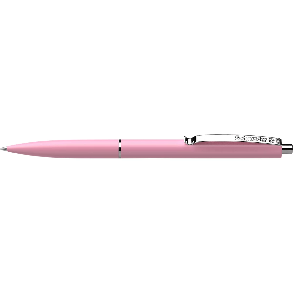 Un stylo à bille rose. La pièce métallique sur l'agrafe porte l'inscription "Schneider".