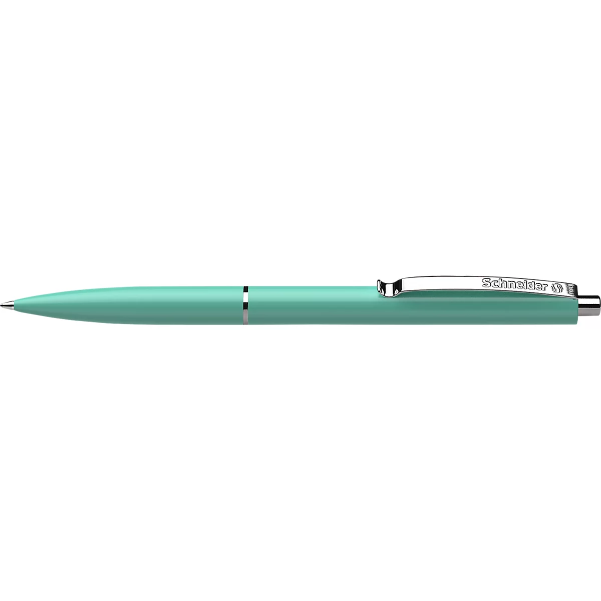 Stylo à bille turquoise, plan rapproché. Schneider est écrit sur le clip.