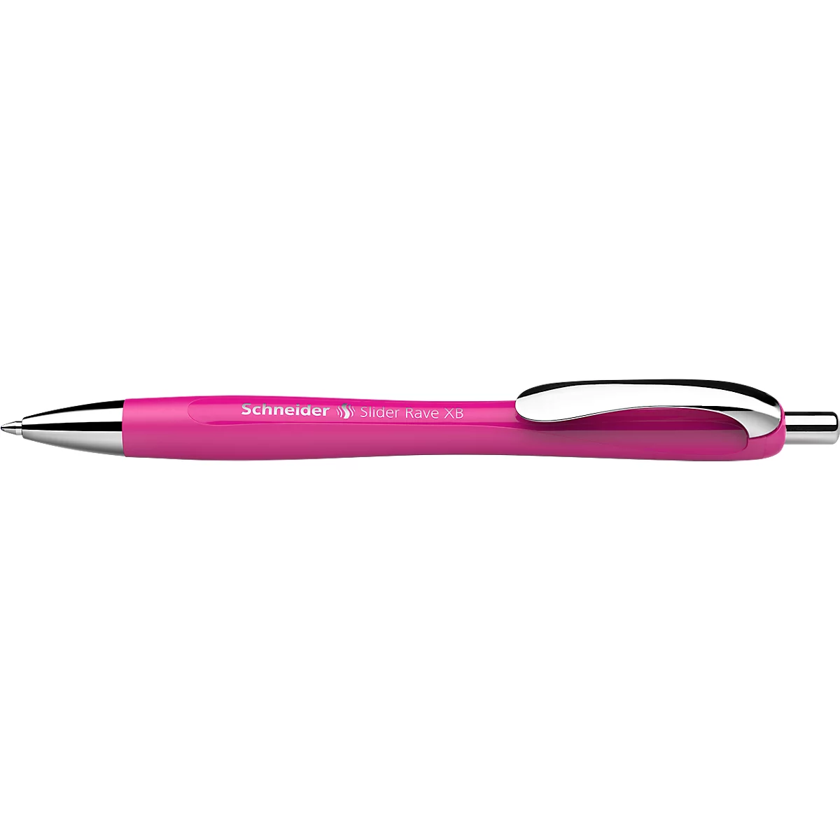 Un stylo à bille rose avec des accents argentés, marque Schneider.