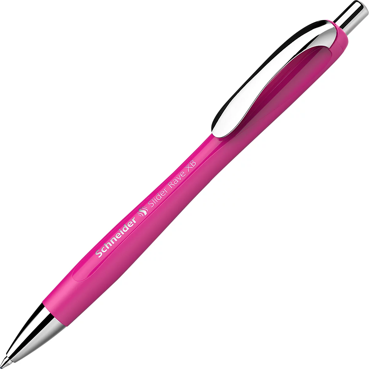 Un stylo à bille rose de Schneider, avec des détails argentés. Sur le stylo, il est écrit "Schneider Slider Rave XB".