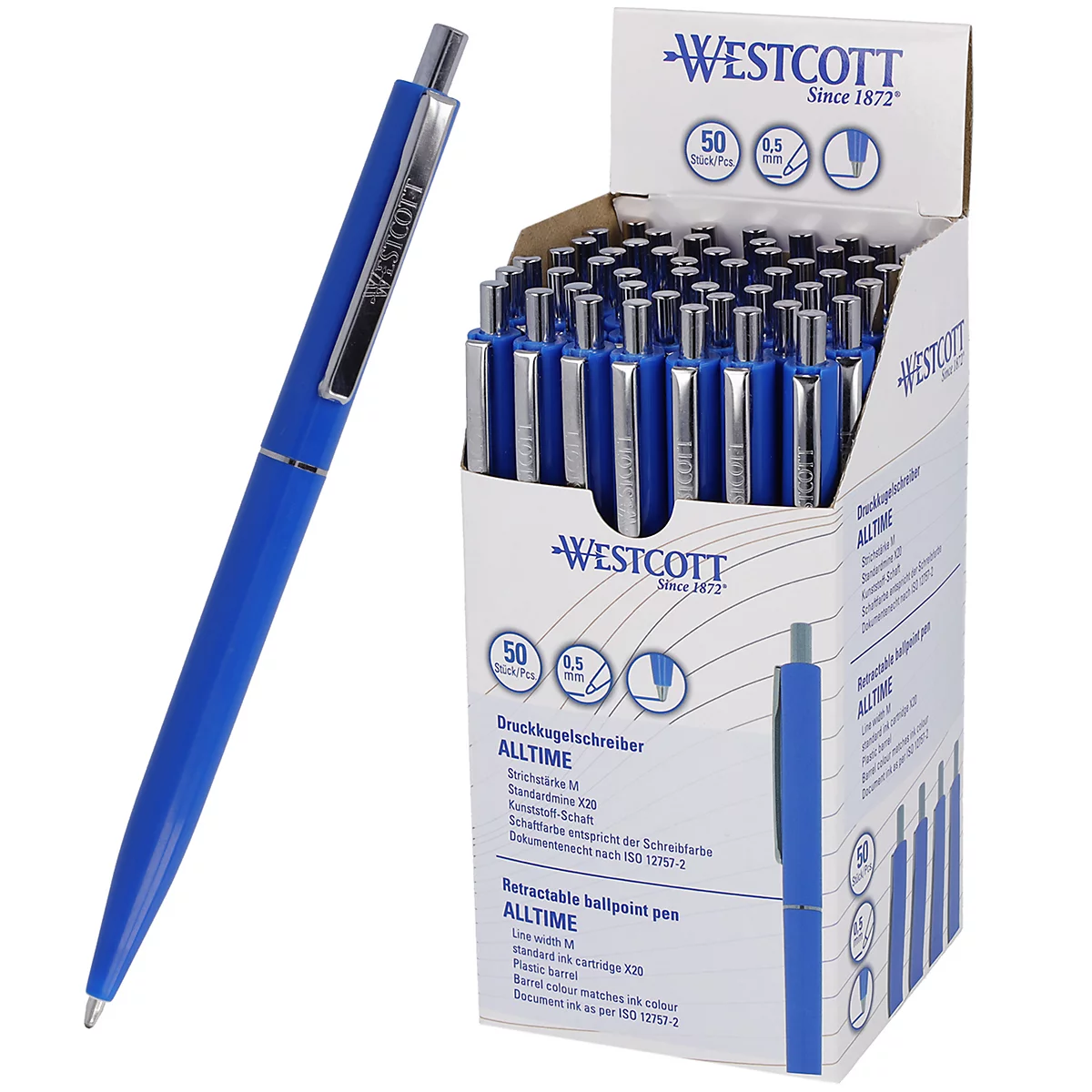 Stylo à bille bleu à côté d'une boîte contenant de nombreux stylos à bille, marque Westcott.