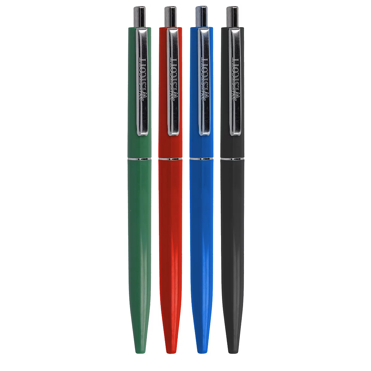 Quatre stylos côte à côte en vert, rouge, bleu et noir. Chaque stylo a un clip argenté et le mot 'limit' sur la tige.