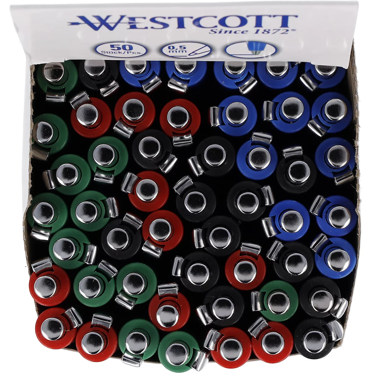 Gros plan sur des stylos à bille avec des bouchons de différentes couleurs dans une boîte. Marque Westcott, 0,5 mm.
