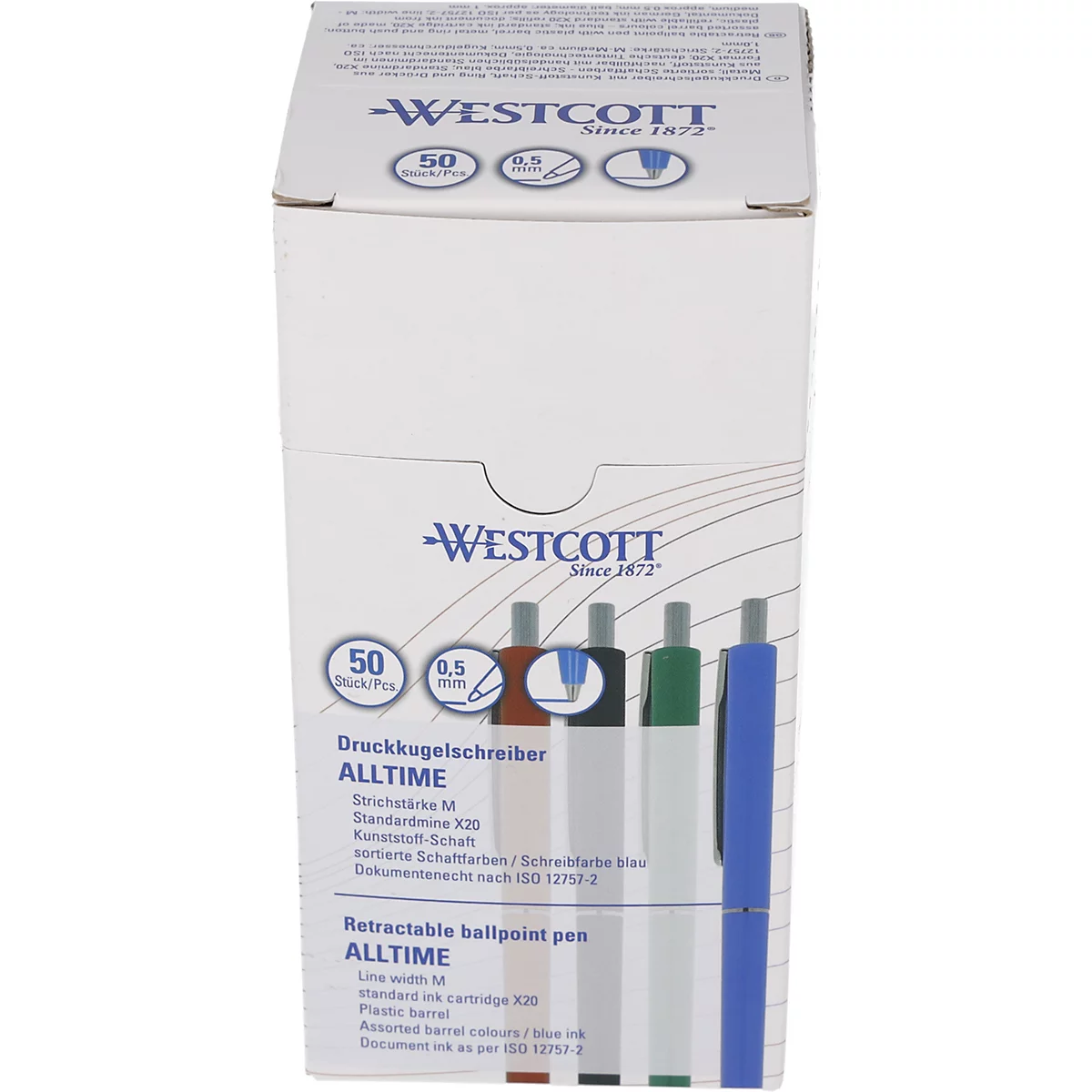 Boîte de stylos à bille rétractables ALLTIME en bleu, vert, rouge et blanc. Texte : WESTCOTT.