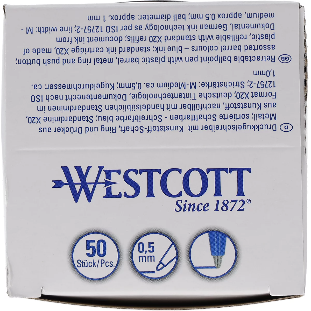Gros plan d'un emballage de stylo blanc avec lettrage bleu. Le nom WESTCOTT est en haut, suivi de "Since 1872" et d'autres informations.