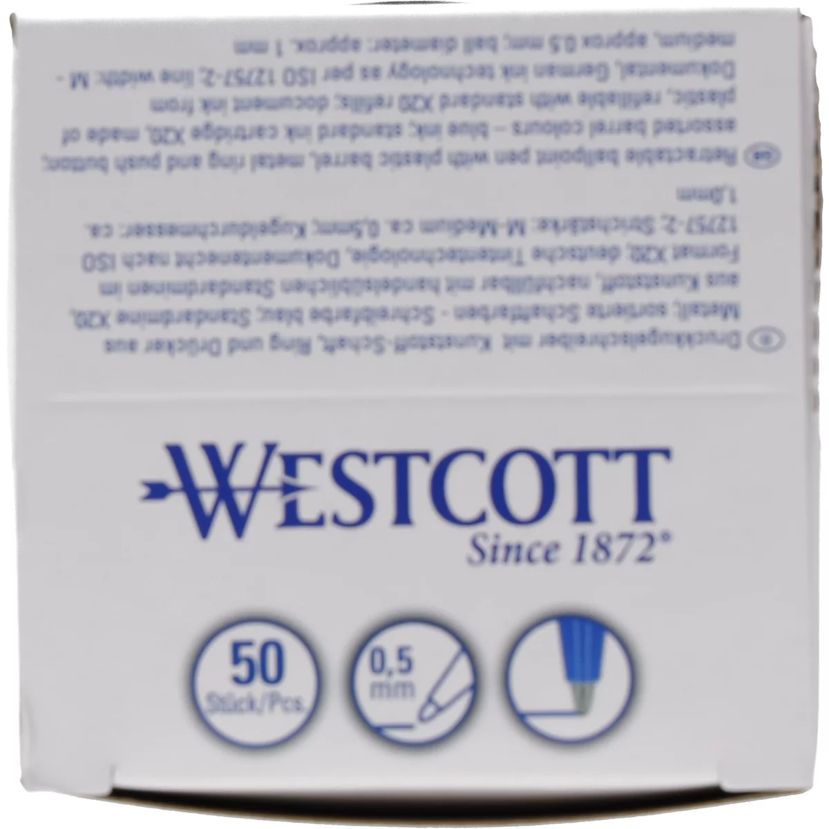 Vue de dessus d'une boîte de stylos. L'emballage est blanc, avec du texte bleu et le logo de Westcott. Informations sur les stylos, y compris l'épaisseur du trait de 0,5 mm.