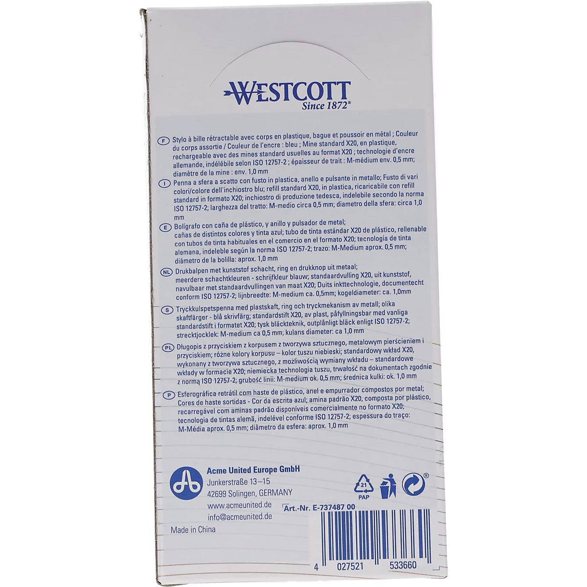 Gros plan sur un emballage de produit blanc avec texte bleu. Le nom de la marque 'WESTCOTT' est en haut, suivi des détails du produit et d'un code-barres.