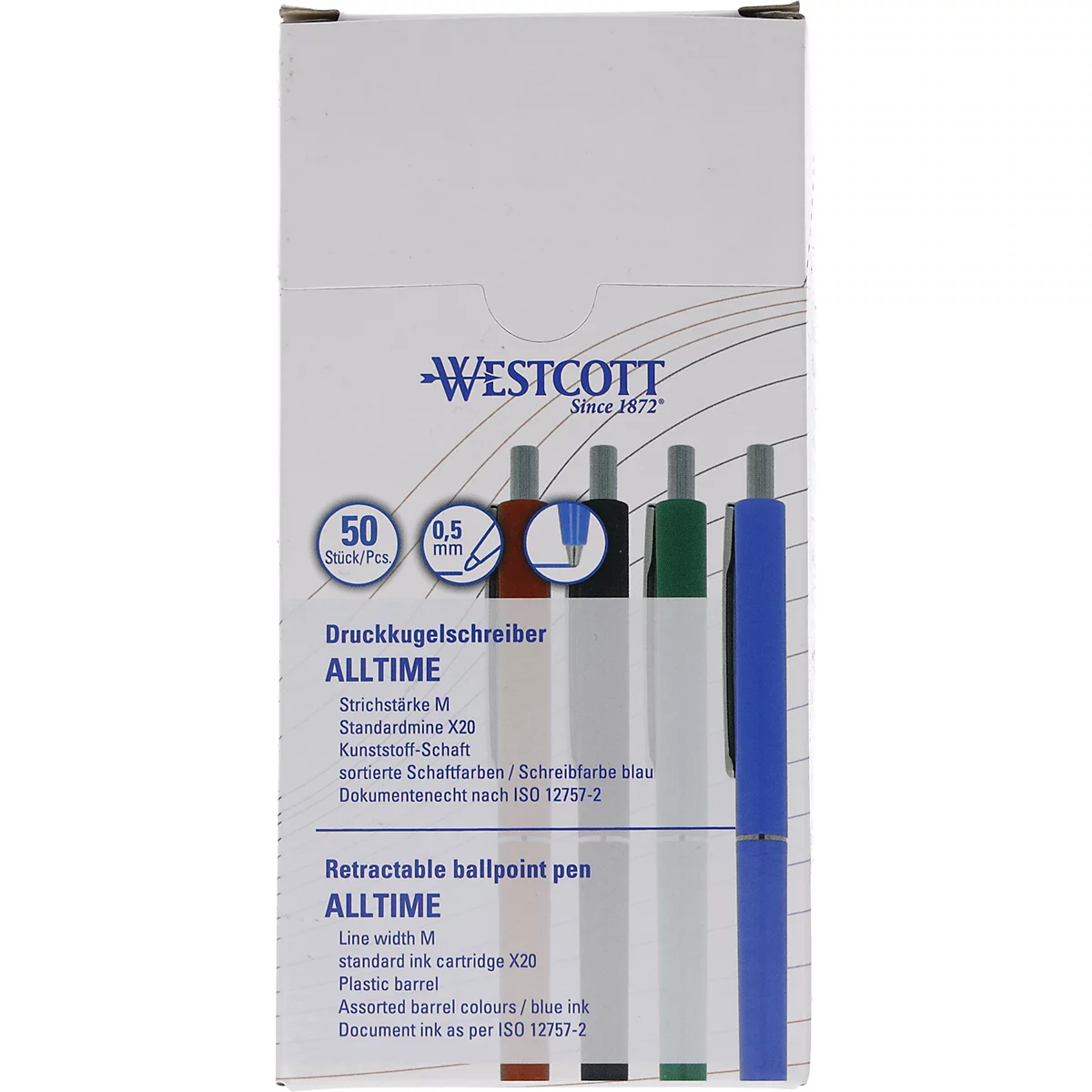 Un paquet de quatre stylos à bille de différentes couleurs. Le mot "WESTCOTT" et d'autres informations sur le produit sont visibles.