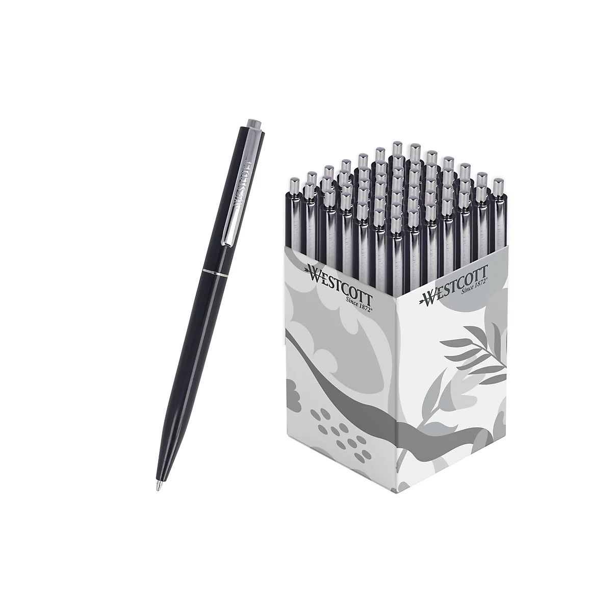 Stylo noir à côté d'une boîte contenant de nombreux stylos, tous étiquetés "Westcott".