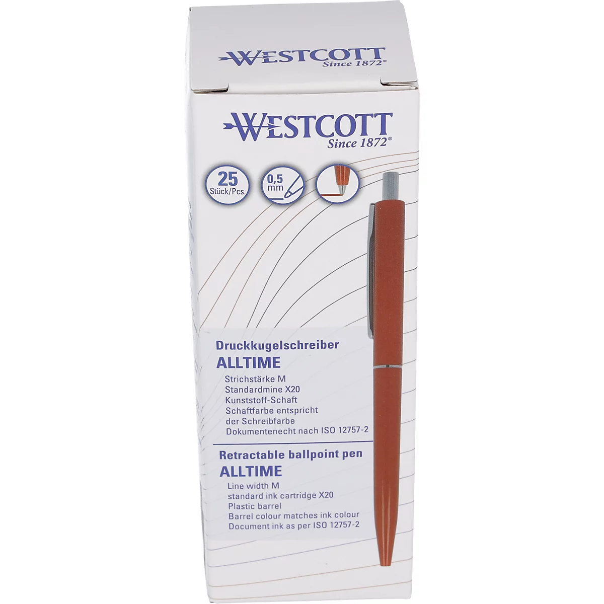 Stylo à bille marron clair avec boîte. Texte : Westcott, Alltime, 25 pièces/paquet.