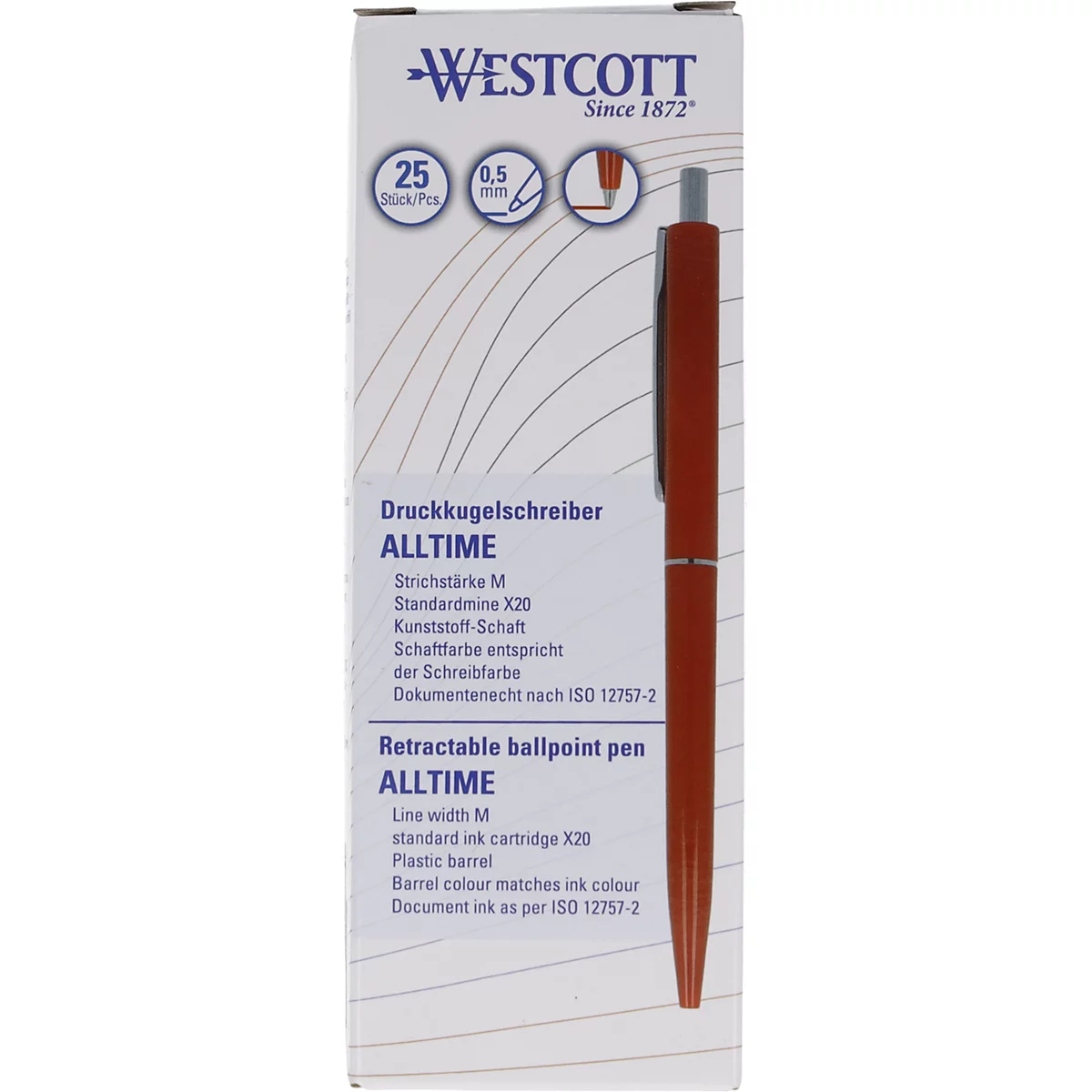 Stylo à bille "ALLTIME" rouge sur fond blanc avec description du produit. Logo "WESTCOTT" en haut.