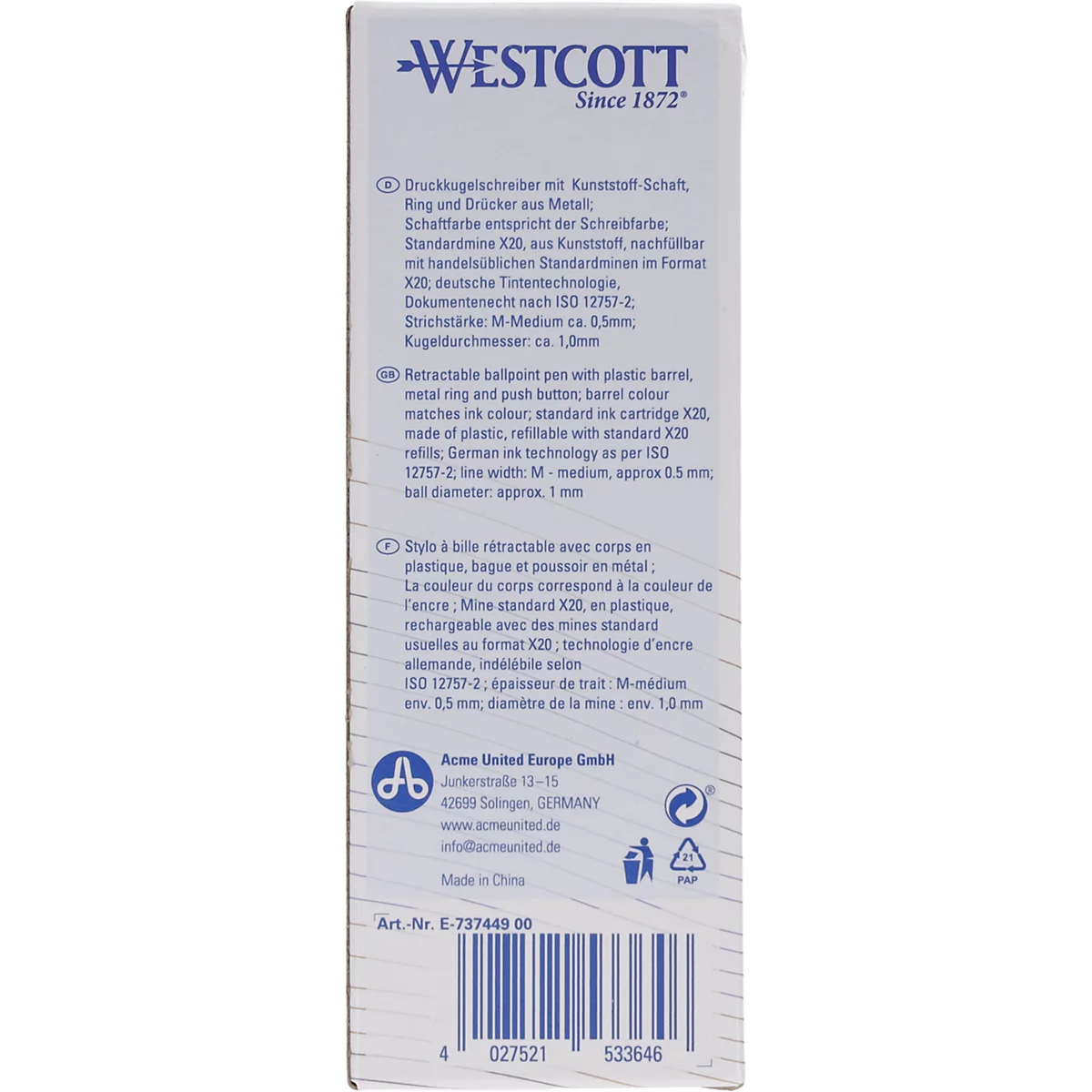 Gros plan sur un emballage de stylo blanc avec du texte bleu indiquant des informations et le logo Westcott.