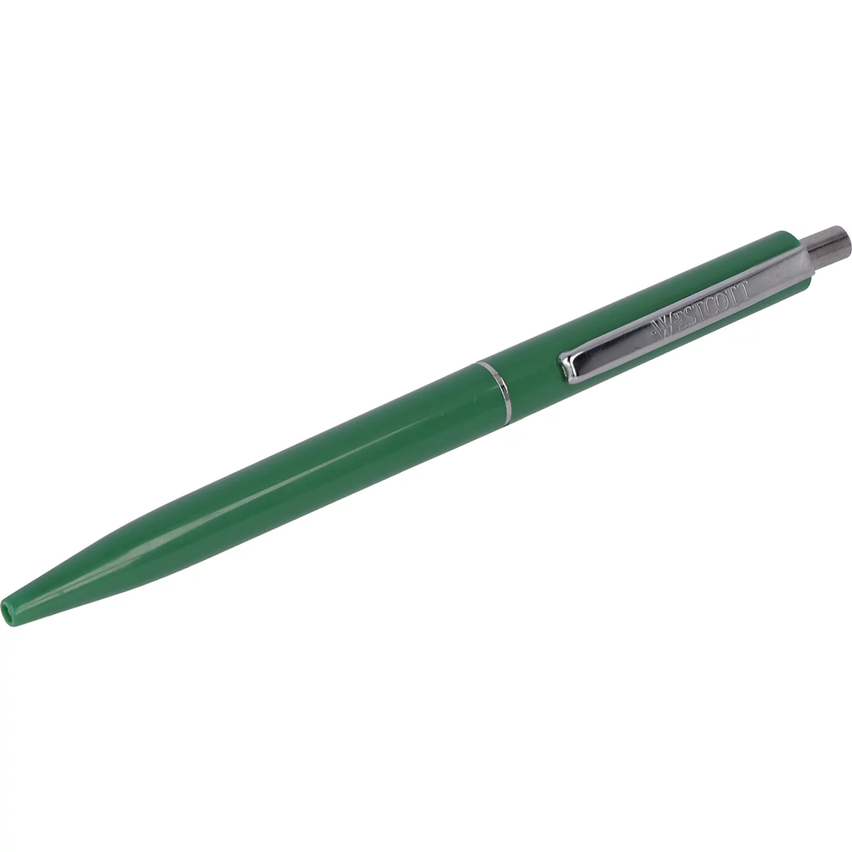 Stylo à bille vert, avec des accents argentés et des lettres.