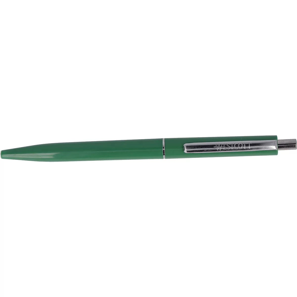 Un stylo à bille vert posé sur une surface blanche. Une étiquette argentée avec des inscriptions est visible sur la tige.