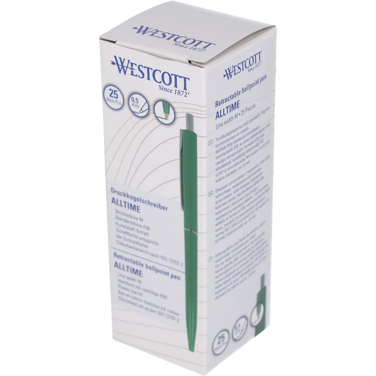 Stylo à bille vert dans une boîte blanche avec le logo "Westcott" et des informations sur le produit.