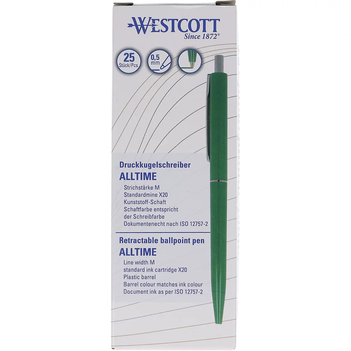 Stylo à bille rétractable vert avec une étiquette blanche. L'étiquette indique le nom de la marque, les spécifications et le nom du produit.