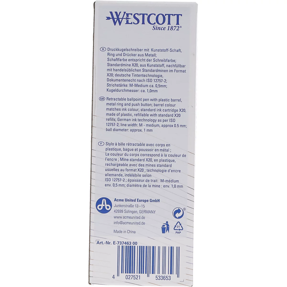 Vue détaillée d'un emballage de stylo blanc avec le logo "WESTCOTT" et des informations sur le produit.