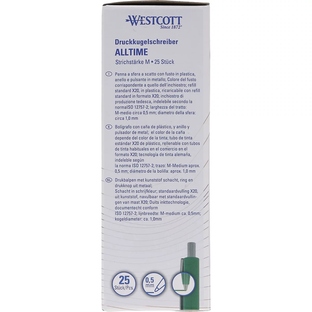Emballage de stylo vert avec les mots "WESTCOTT ALLTIME". En bas à droite, un stylo et un cercle avec les spécifications "25" et "0,5 mm" peuvent être vus.