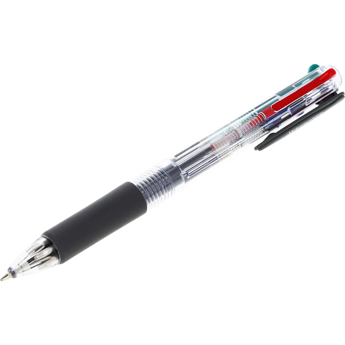 Stylo multicolore avec un corps transparent. Recharges vertes, rouges, bleues et noires sur le dessus.