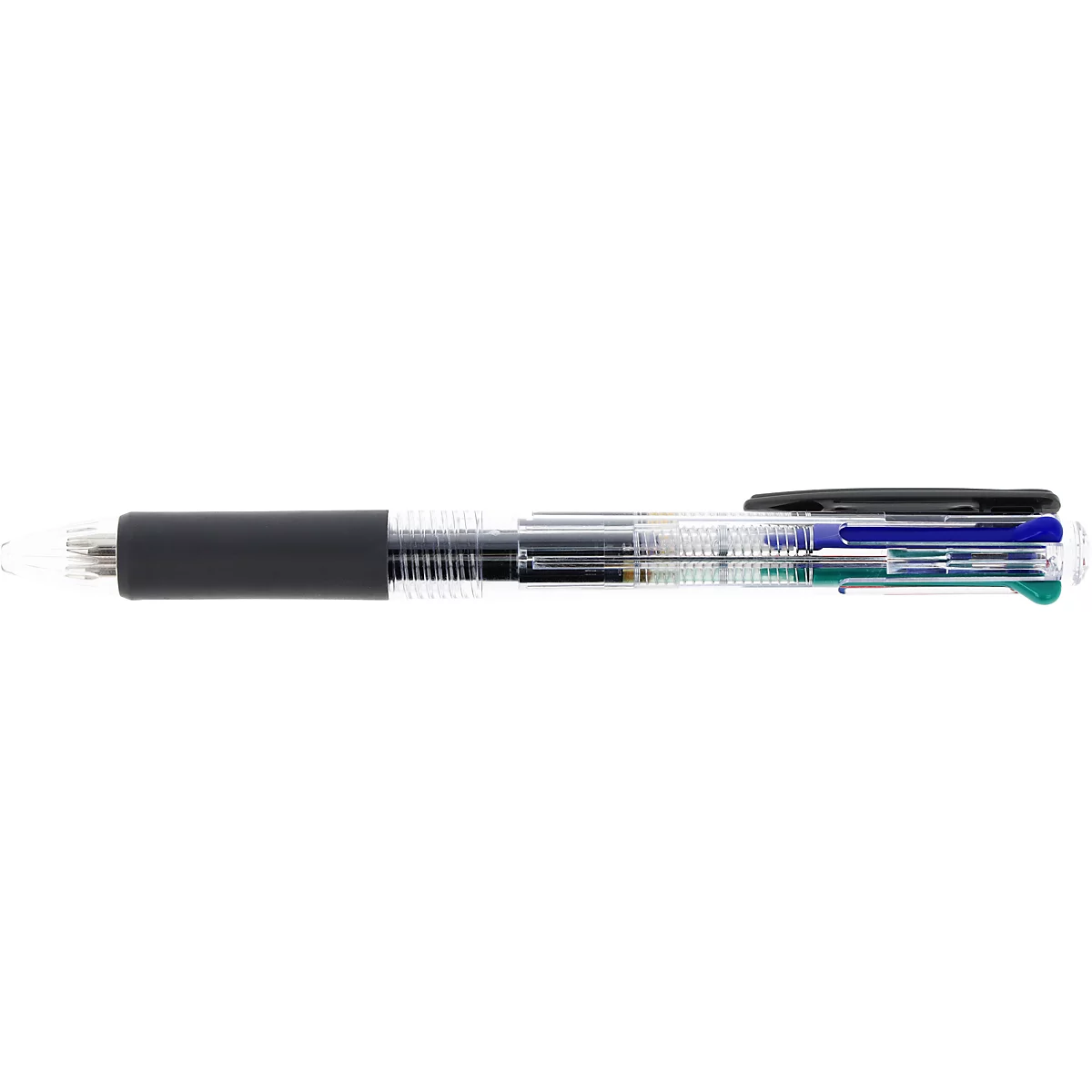 Gros plan d'un stylo à bille transparent avec une prise noire et des cartouches d'encre de différentes couleurs.