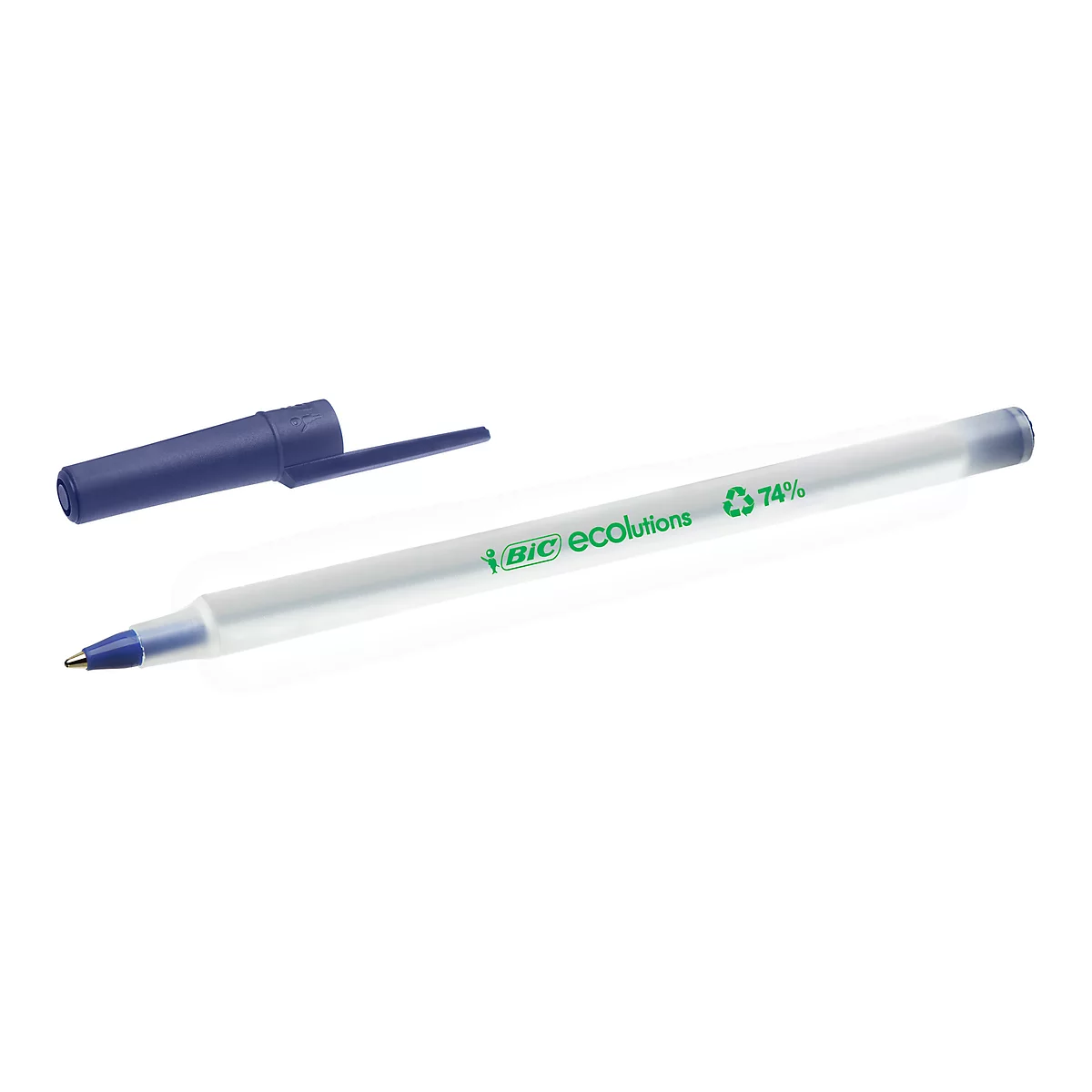 Stylo à bille bleu transparent avec capuchon retiré. Le texte indique 'BIC ecolutions' et '74%' en vert.