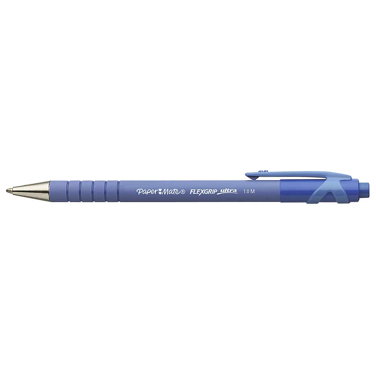 Stylo à bille bleu à pointe argentée. Inscription : Paper Mate Flexgrip Ultra 1.0M.