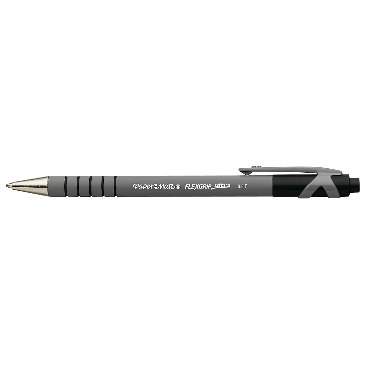 Un stylo à bille gris avec une pointe argentée, une poignée et un clip noirs. Le stylo porte la mention "Paper Mate FLEXGRIP ultra 1.0".