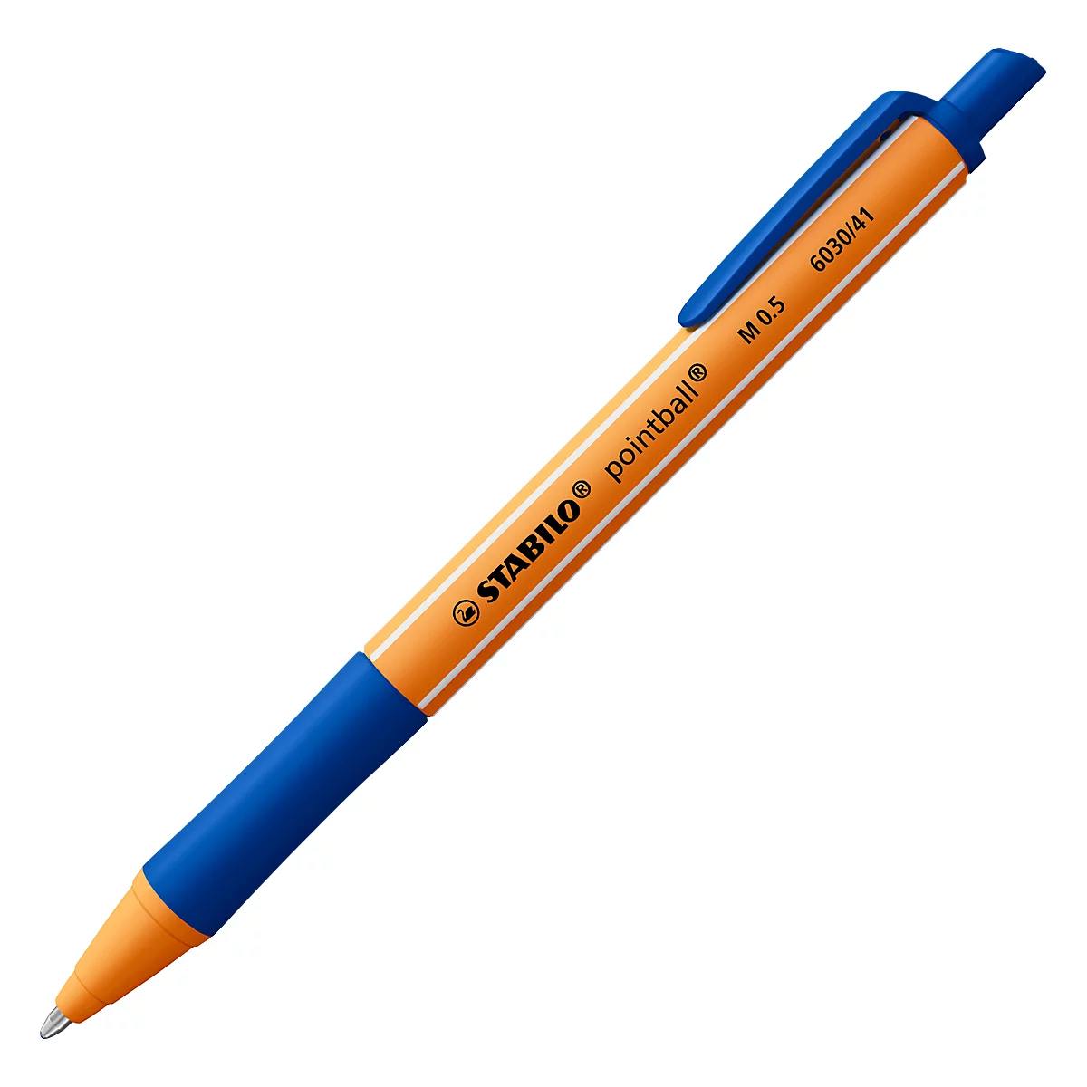 Un stylo jaune-orange avec des accents bleus est posé en diagonale sur fond blanc. Inscription: Stabilo Pointball M 0.5.