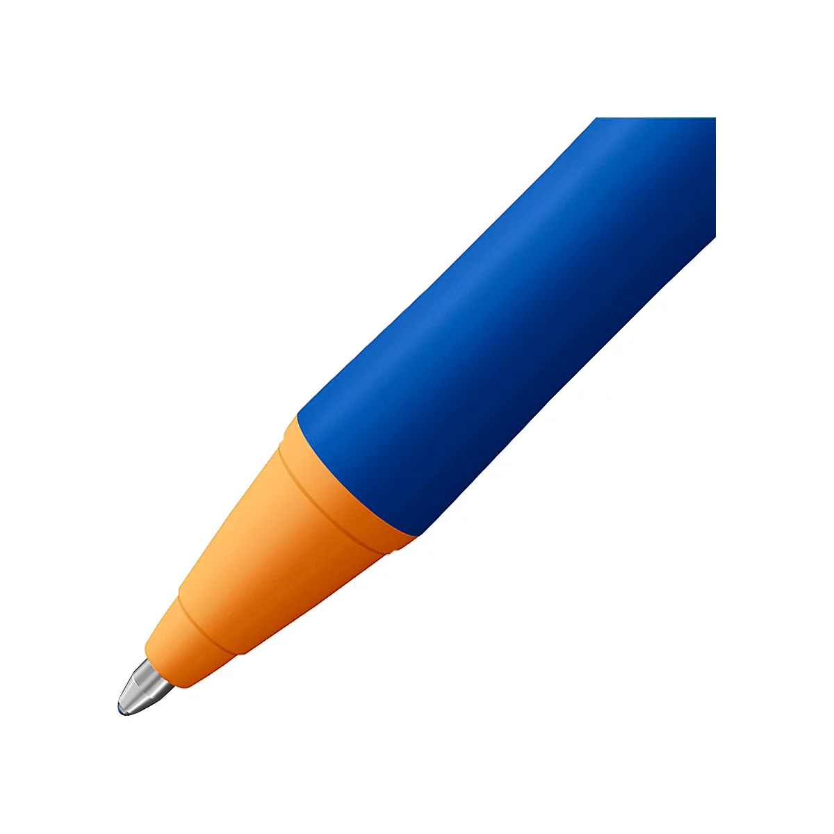 Stylo bleu à pointe orange. Prise de vue détaillée sur fond blanc.