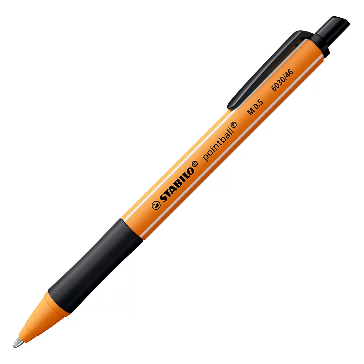 Un stylo orange avec un clip et une poignée noirs. C'est un STABILO.