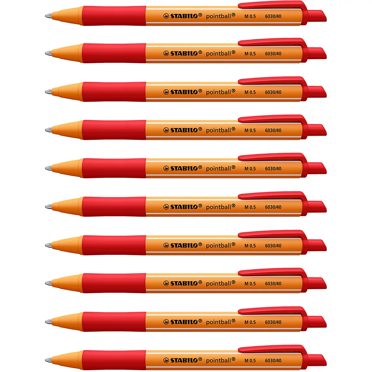 Rangée de stylos Stabilo Pointball orange et rouges. Ils ont un clip rouge et une pointe noire.