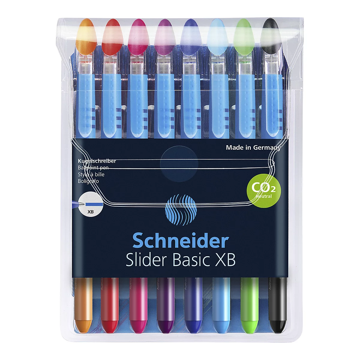 Paquet de huit stylos à bille colorés. Texte : Schneider Slider Basic Xb. Fabriqué en Allemagne. Neutre en CO2.
