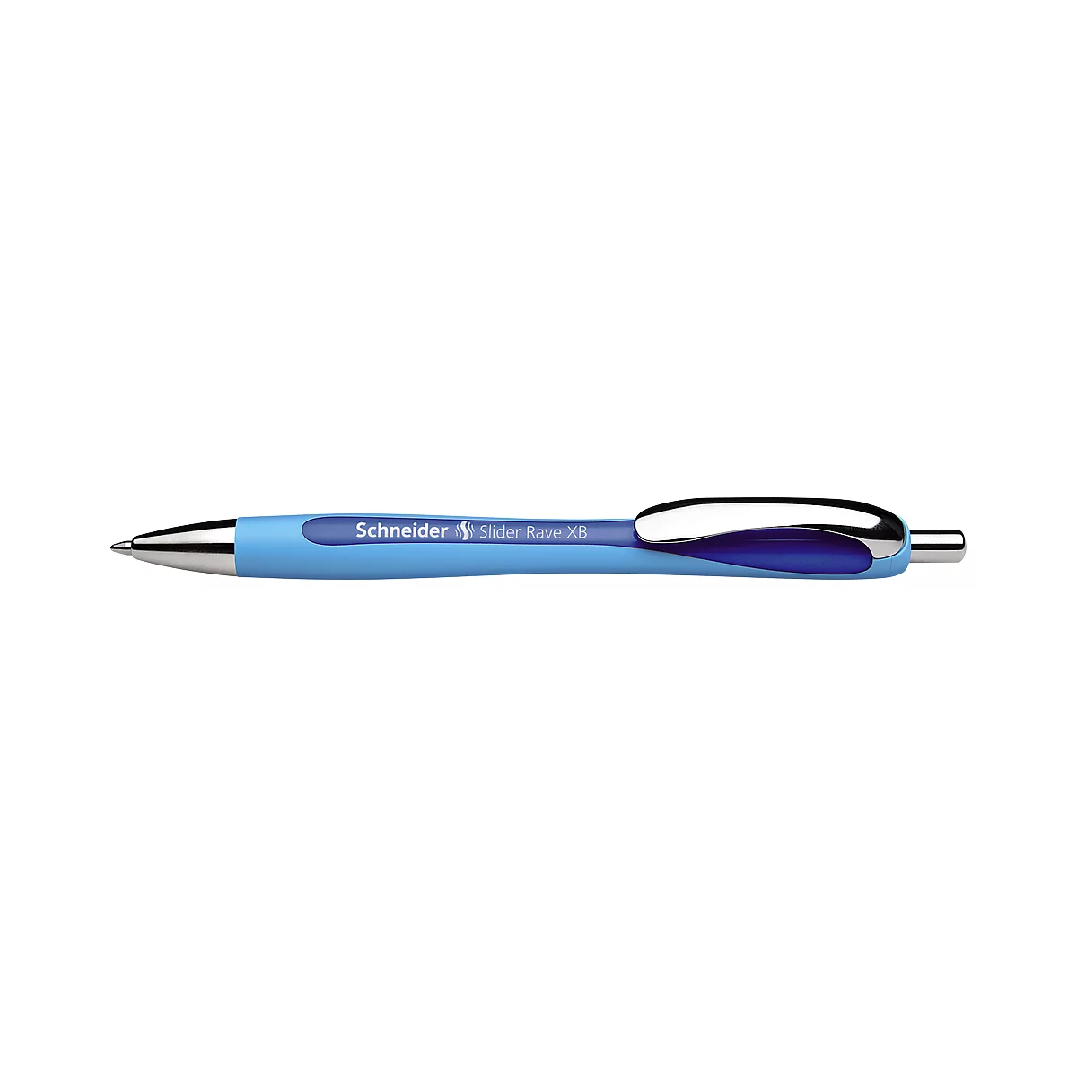 Stylo bleu clair avec extrémités métalliques, portant l'inscription "Schneider Slider Rave XB".