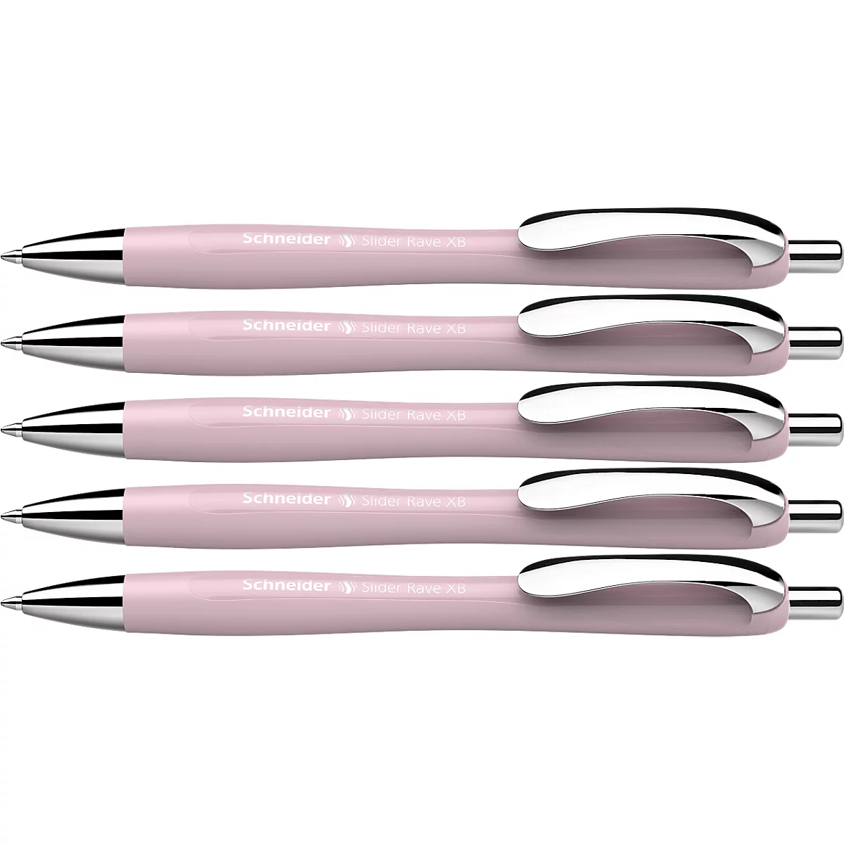 Cinq stylos à bille roses, disposés côte à côte, avec des clips argentés. Chaque stylo porte la mention "Schneider".
