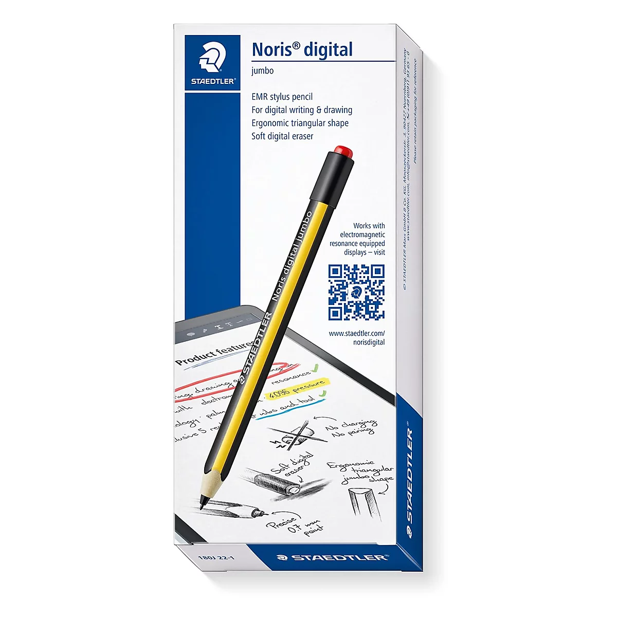 Stylus pen STAEDTLER Noris® Digital Jumbo, voor EMR-compatibele terminals, verwisselbare punt, 4096 drukniveaus, handpalmherkenning, digitale gum, driehoekig, duurzaam materiaal op houtbasis, zwart-geel