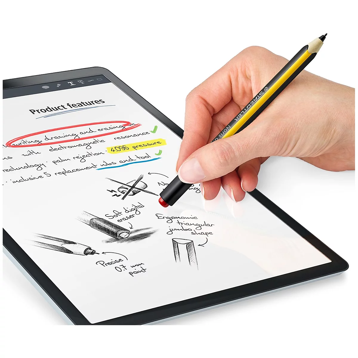 Stylus pen STAEDTLER Noris® Digital Jumbo, voor EMR-compatibele terminals, verwisselbare punt, 4096 drukniveaus, handpalmherkenning, digitale gum, driehoekig, duurzaam materiaal op houtbasis, zwart-geel