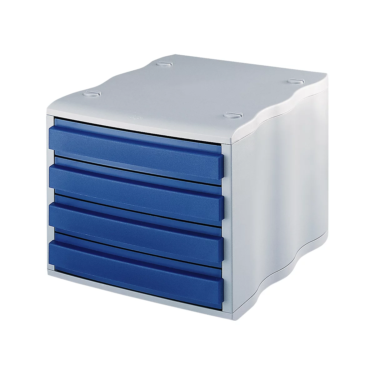 Desk organizer with 4 blue drawers surrounded by a white case, rounded edges.
