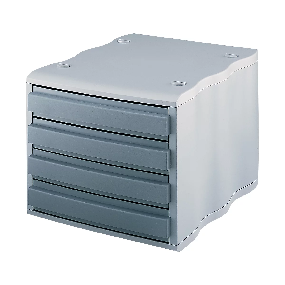 Gray and white drawer cabinet with 5 drawers, slightly curved shape.