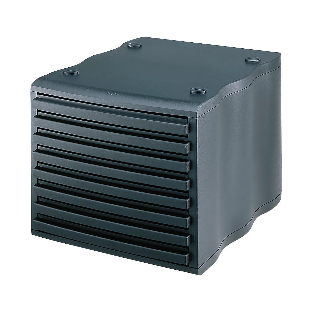 Dark grey drawer cabinet with wavy sides, front with horizontal slats.