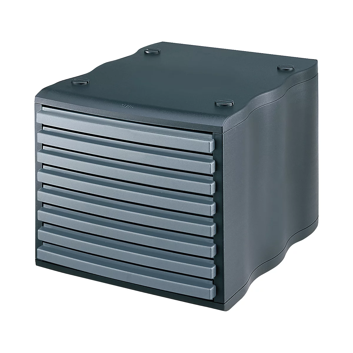 Gray, rectangular desk organizer with drawers. Four round recesses at the top. Wave shape at the front.