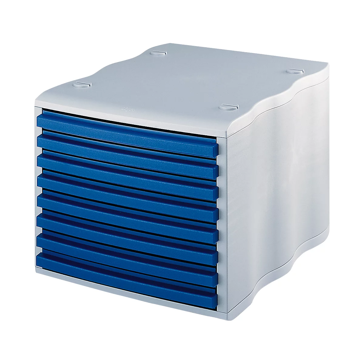 A white and blue drawer system. Blue drawer fronts stand out from a white body.