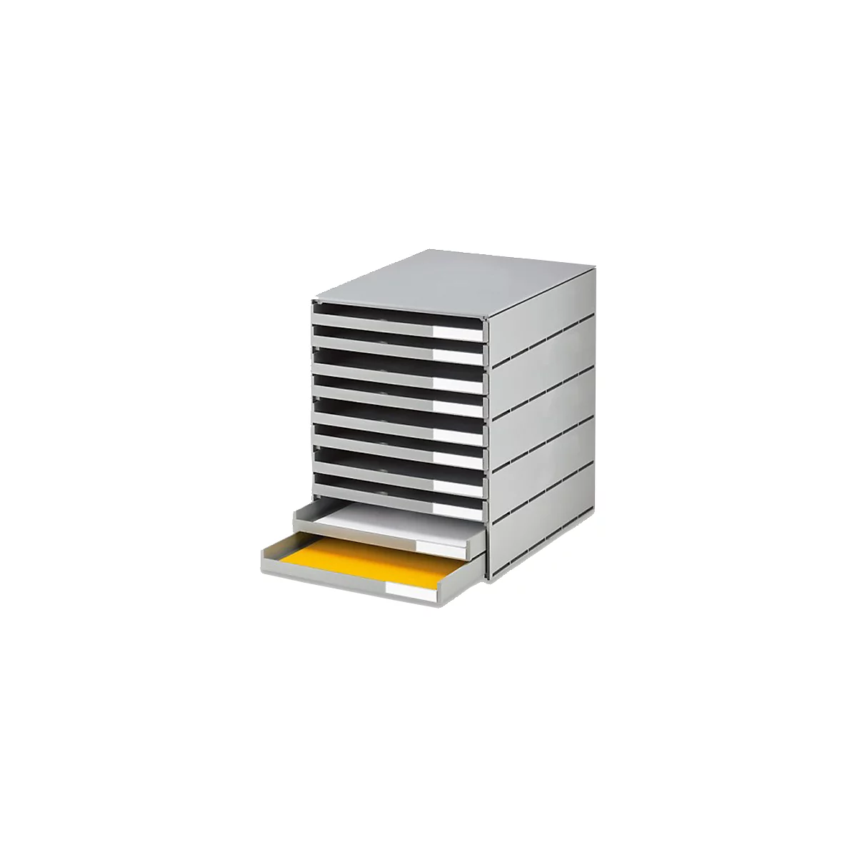 Gray, rectangular paper tray tower with 10 drawers. Two drawers are open; one contains yellow paper, the other white paper.