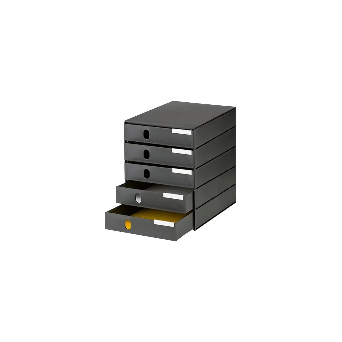 Dark gray drawer cabinet with four drawers, one of them open.