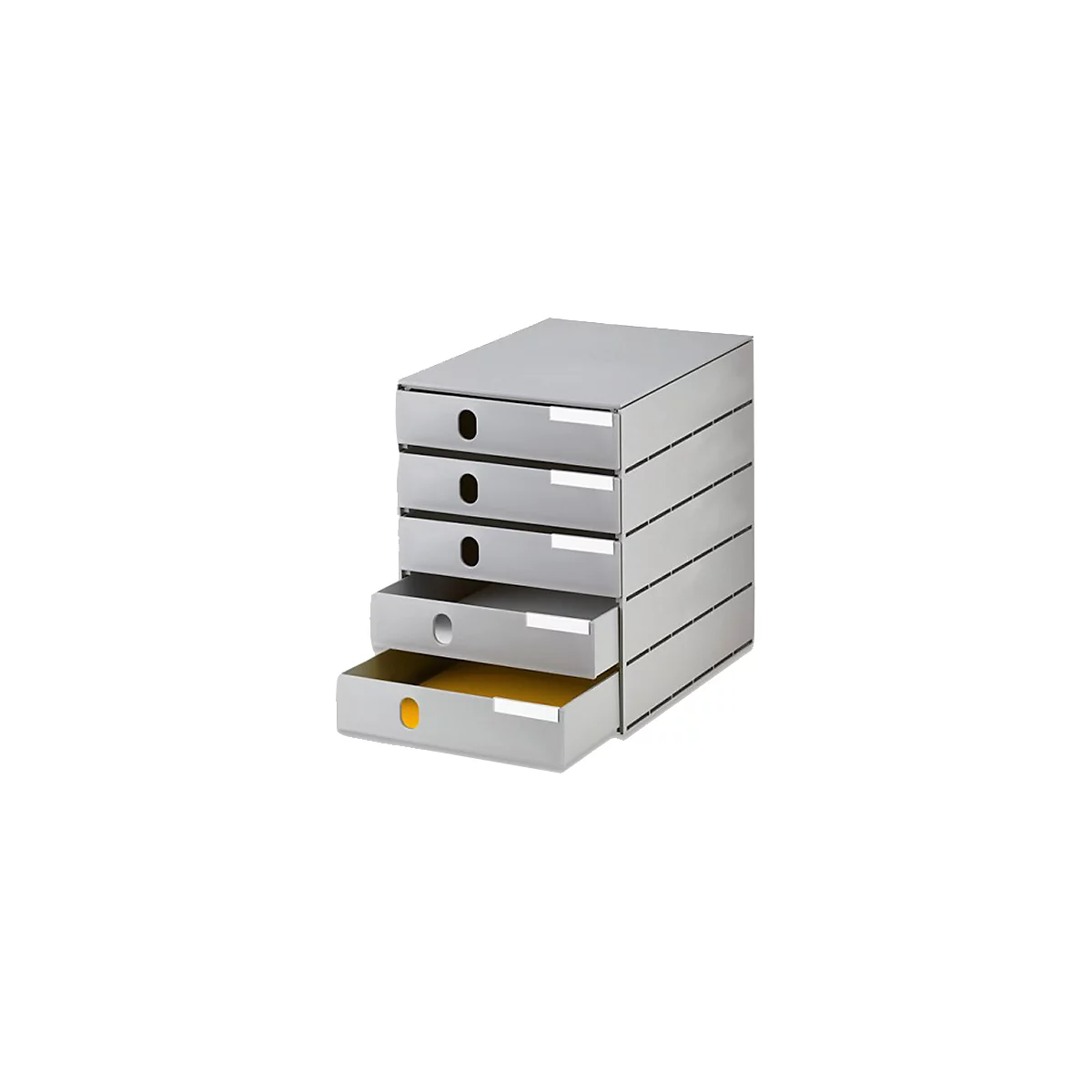 Gray drawer cabinet, one drawer open, yellow interior visible.