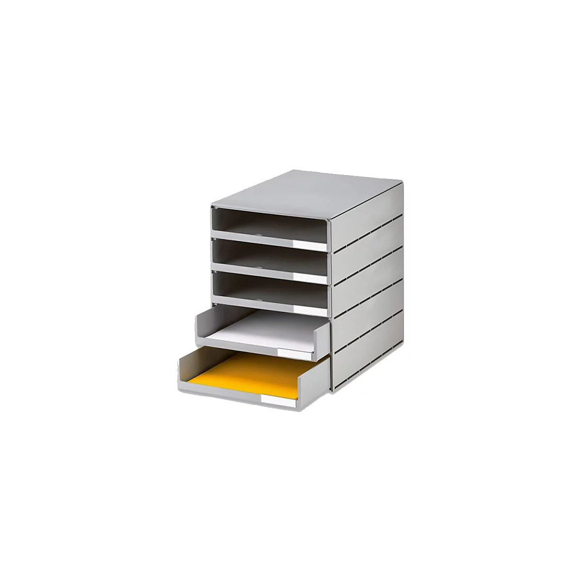 Grey 5-tier desk organizer with two open trays, one with white paper, one with yellow paper.